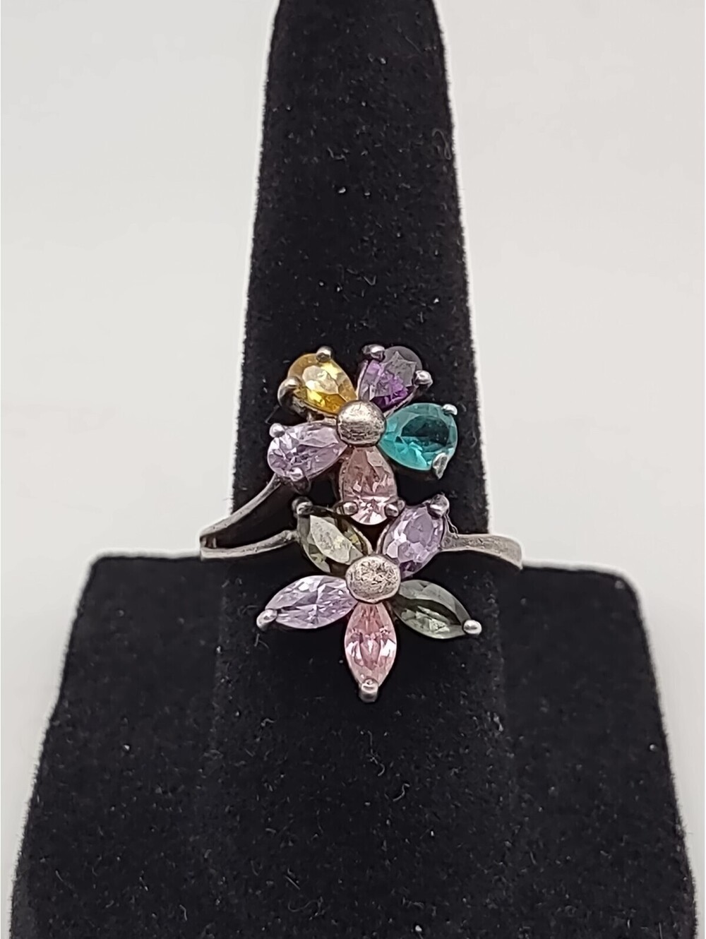 Vintage 925 Sterling Silver Colorful Flower Bypass Ring Sz 6